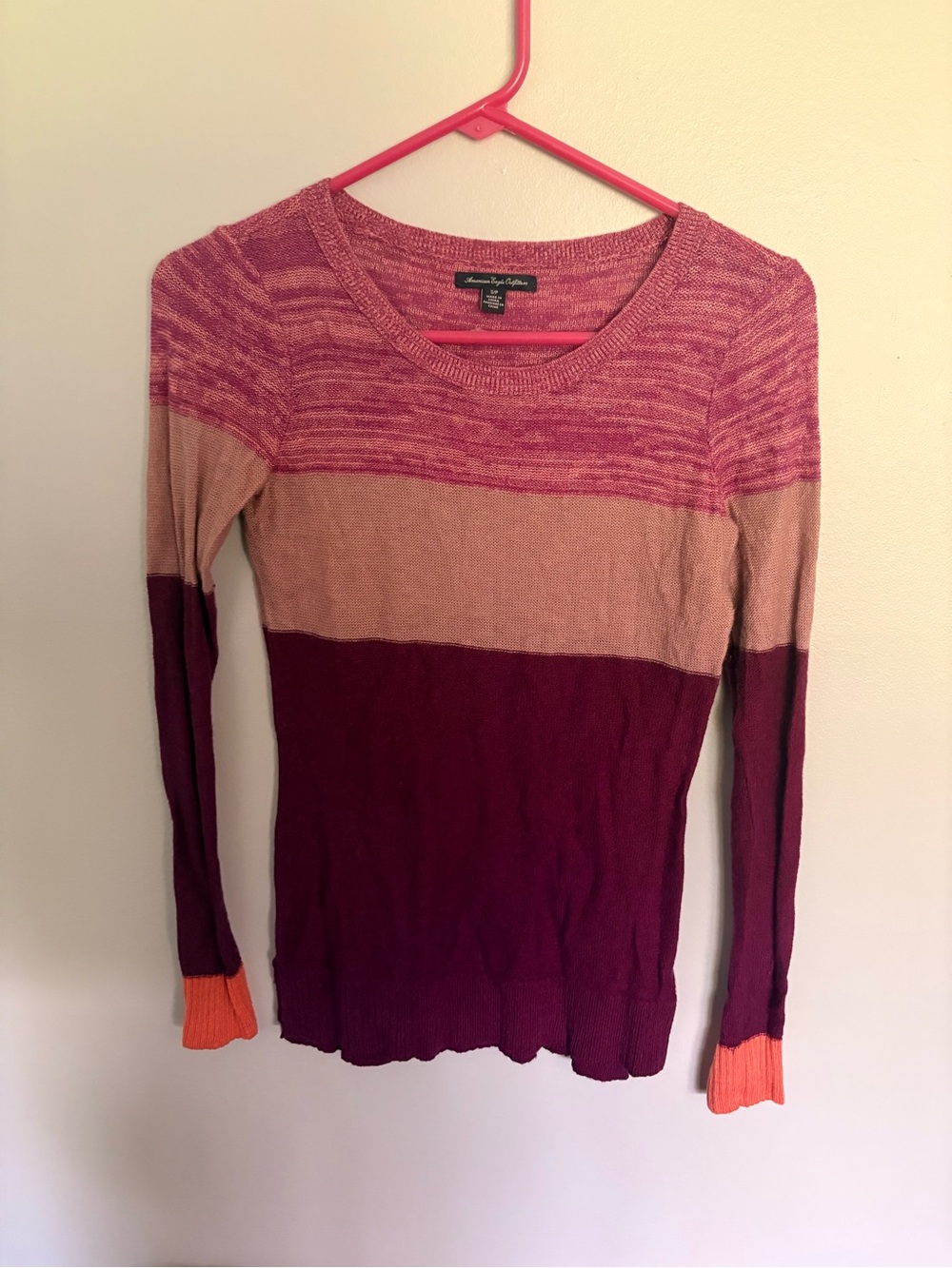 American Eagle Outfitters Striped Crewneck Sweater - Pink, Beige, Burgundy